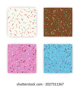 Donut sprinkle rainbow vector seamless backgrounds set. Confetti cake icing glaze. Ice cream Birthday party pattern. Kids dessert repeat bakery texture.
