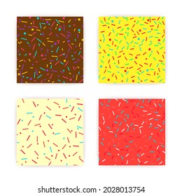 Donut sprinkle rainbow vector seamless backgrounds set. Confetti cake icing glaze. Ice cream Birthday party pattern. Kids dessert repeat bakery texture.