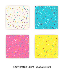 Donut sprinkle rainbow vector seamless backgrounds set. Confetti cake icing glaze. Ice cream Birthday party pattern. Kids dessert repeat bakery texture.