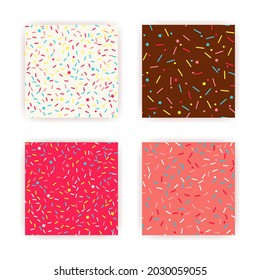 Donut sprinkle rainbow vector seamless backgrounds set. Confetti cake icing glaze. Ice cream Birthday party pattern. Kids dessert repeat bakery texture.