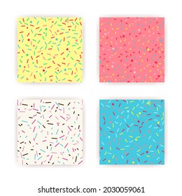 Donut sprinkle rainbow vector seamless backgrounds set. Confetti cake icing glaze. Ice cream Birthday party pattern. Kids dessert repeat bakery texture.