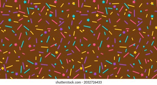 Donut sprinkle rainbow vector seamless background. Confetti cake icing glaze. Ice cream Birthday party pattern. Kids dessert repeat bakery texture.