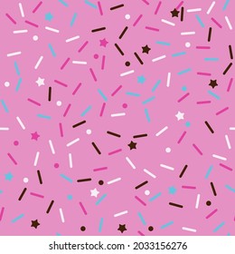 Donut sprinkle rainbow vector seamless background. Confetti cake icing glaze. Ice cream Birthday party pattern. Kids dessert repeat bakery texture.