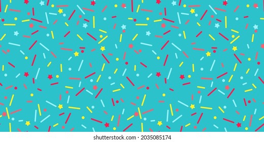 Donut sprinkle rainbow vector seamless background. Confetti cake icing glaze. Ice cream Birthday party pattern. Kids dessert repeat bakery texture.