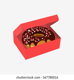 Donut with sprinkles in box isolated on white background. Flat vector stock illustration