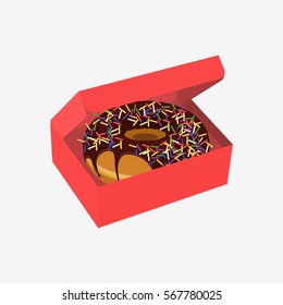 Donut with sprinkles in box isolated on white background. Flat vector stock illustration