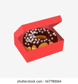 Donut with sprinkles in box isolated on white background. Flat vector stock illustration