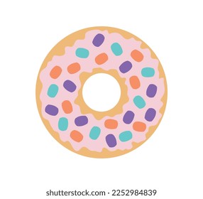 Donut with sprinkles. Cafe or restaurant menu. Symbol of holidays, events and festivals. Design element for invitation and greeting postcard. Cartoon flat vector illustration