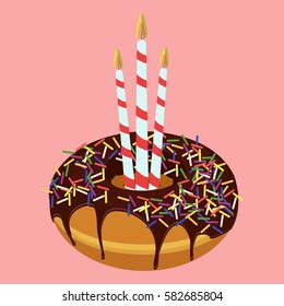 Donut with sprinkles and candles. Flat vector stock illustration
