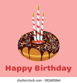 Donut with sprinkles and candles. Happy birthday concept. Flat vector stock illustration