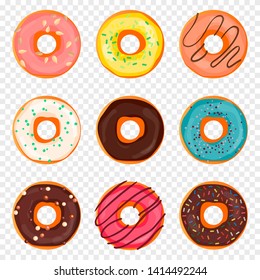 Donut with sprinkles and chocolate isolated on transparent background. Doughnut into glaze in flaat style, donuts top view icon set. Vector illustration