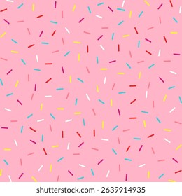 Donut sprinkles confetti retro sweet candy background. Cute pink dessert decoration colorful sprinkle elements. Birthday, party