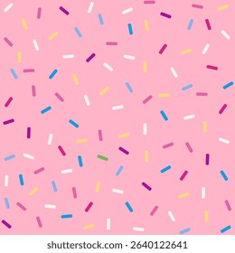 Donut sprinkles confetti retro sweet candy background. Cute pink dessert decoration colorful sprinkle elements. Birthday, party