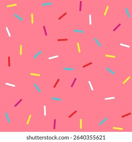 Donut sprinkles confetti retro sweet candy background. Cute pink dessert decoration colorful sprinkle elements. Birthday, party