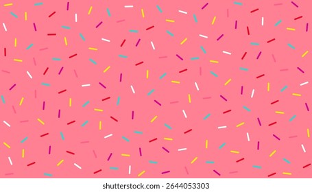 Donut sprinkles confetti retro sweet candy background. Cute pink dessert decoration colorful sprinkle elements. Birthday, party
