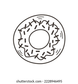 Donut with sprinkles doodle. Hand drawn black and white pastry, doughnut line art. Bakary print, icon, logo, symbol, item. Isolated vector illustration