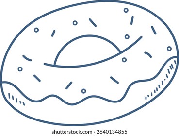 A donut with sprinkles drawn in a clean line style. The illustration shows a circular pastry topped with small decorative elements. Cartoon vector illustration.
