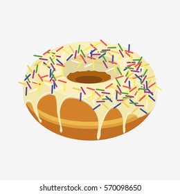Donut with sprinkles isolated on white background. Flat vector stock illustration