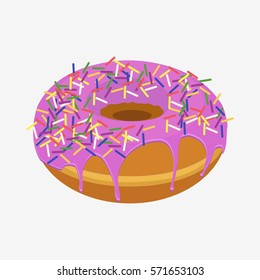 Donut with sprinkles isolated on white background. Flat vector stock illustration