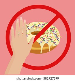 Donut with sprinkles. NO sign. Healthy eating. Flat vector stock illustration