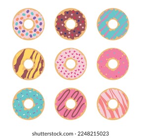 Donut with sprinkles set. Collection of stickers for social networks and instant messengers. Dessert, gourmet and delicacy, sweetness. Cartoon flat vector illustrations isolated on white background