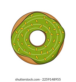 Donut for St Patricks Day in cartoon style with green icing and yellow sparkles isolated on white background, design element for packaging and menu design