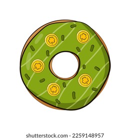Donut for St Patricks Day in cartoon style with green icing and  gold coins isolated on white background, design element for packaging and menu design