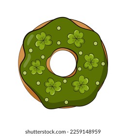 Donut for St Patricks Day in cartoon style with green icing shamrocks isolated on white background, design element for packaging and menu design