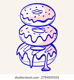 Donut stack with three glazed pastries and dripping icing. For bakery labels, posters, cards, stickers, cafe design. On light background.