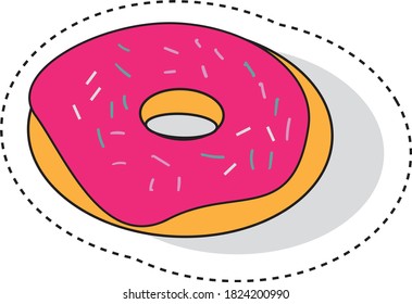 Donut sticker. Pink donut vector. Sweet donut. Sticker for bakery. Sweet donut with cream illustration 