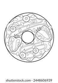 Donut with strawberry and berries.Doodle donut black line. Outline anti-stress coloring page donut. Coloring book page for adults and children. Coloring pages for preschool kids.