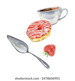 Donut and strawberry, cup and pastry spatula, watercolor. Vector illustration. Cards, cafe menus, bakeries, confectioneries, posters, large banners.