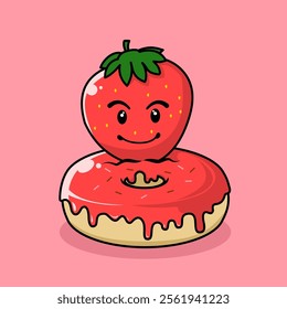 donut with strawberry flavor. donut and fruit combination icon. Food and drink concept icon isolated in flat cartoon style