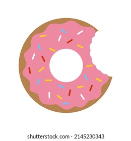 Donut with strawberry frosting. A nibbled donut.