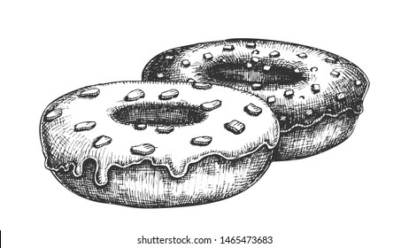 Donut Sweet Breakfast Dessert Hand Drawn Vector. Baked Delicious Cake Donut With Cream And Chocolate Crumbs On Top Concept. Designed Gastronomy Product Template Black And White Illustration