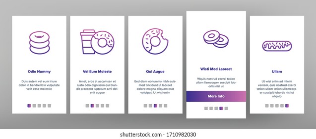 Donut Sweet Breakfast Onboarding Icons Set Vector. Donut With Caramel And Chocolate, Coconut Flakes And Jam, Coffee And Tea Cup Illustrations