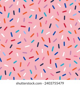 Donut, sweet confetti background. Sweet cake, donut confetti texture, seamless pattern. Colorful candy topping seamless background wallpaper. Vector illustration