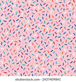 Donut, sweet confetti background. Sweet cake, donut confetti texture, seamless pattern. Colorful candy topping seamless background wallpaper. Vector illustration