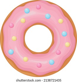 Donut. A sweet doughnut, poured with pink glaze and decorated with candy drops. Sweet dessert. Vector illustration isolated on a white background