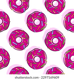 Donut sweet food vector seamless pattern, flat cartoon background template, fabric print, wallpaper design, tasty sugar baked glazed pastry card. Doodle simple drawing.