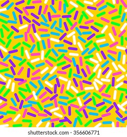 Donut sweet glaze seamless pattern with coconut shavings topping. Colorful neon sprinkle decoration on candy yellow top.