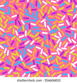 Donut Sweet Glaze Seamless Pattern With Coconut Shavings Topping. Colorful Sprinkle Decoration On Candy Pink Top.