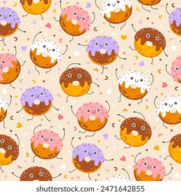 Donut sweets seamless pattern with funny mascot characters. Kawaii cartoon hand drawn doodle in colorful palette. Ideal for baby design, prints, packaging, textiles. Creative nursery background