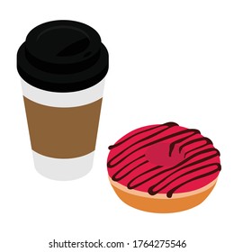 Donut and take away coffee isolated on white background. Disposable coffee cup and sweet dougnut. Isometric view. Vector