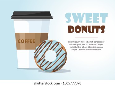Donut and  and take away coffee on blue background. Vector Illustration