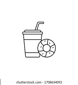 Donut and takeaway drink, disposable glass with a straw simple thin line icon vector illustration