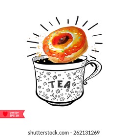 Donut and tea, watercolor illustration