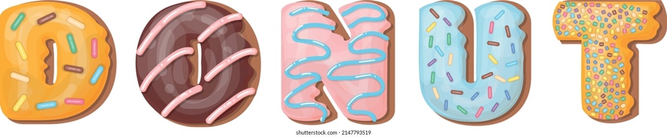 Donut text in sweet food style with glazing and sprinkles. Decorative heading