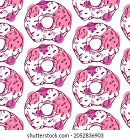 DONUT TEXTILE Delicious Valentine Day Treat Sweet Bakery Decorated With Hearts On White Cartoon Hand Drawn Seamless Pattern Vector Illustration For Print