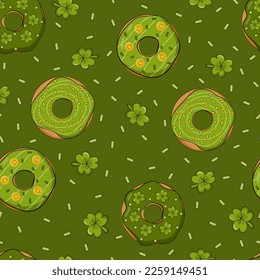 Thematisches Muster auf dunkelgrünem Hintergrund mit Klee und Shamrocks für den St. Patricks Day im Cartoon-Stil für Print-, Textil- oder Grußkartendesign